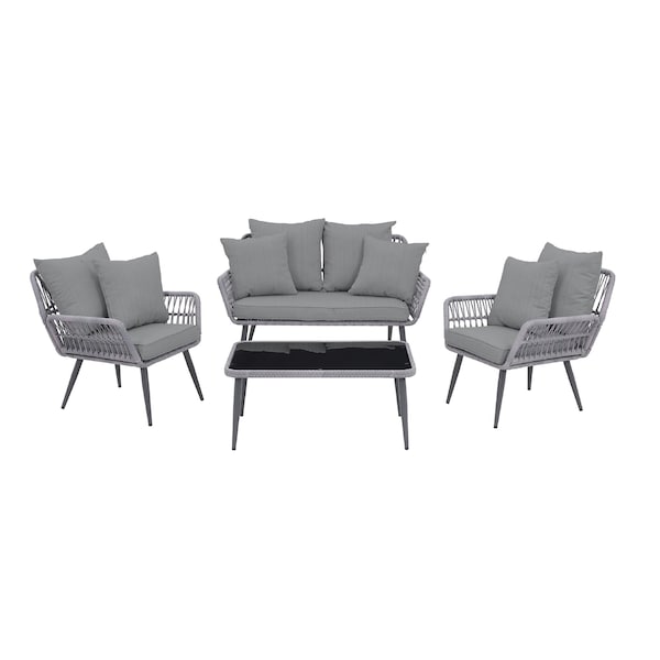 Manhattan Comfort Portofino Rope Wicker 4-Piece Patio Conversation Set with Cushions in Grey OD-CV019-GY - main